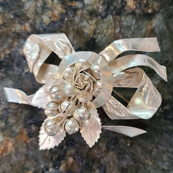 Vintage Signed Hobe Sterling Silver Floral Bow 1940's Brooch - Picture 4 of 7
